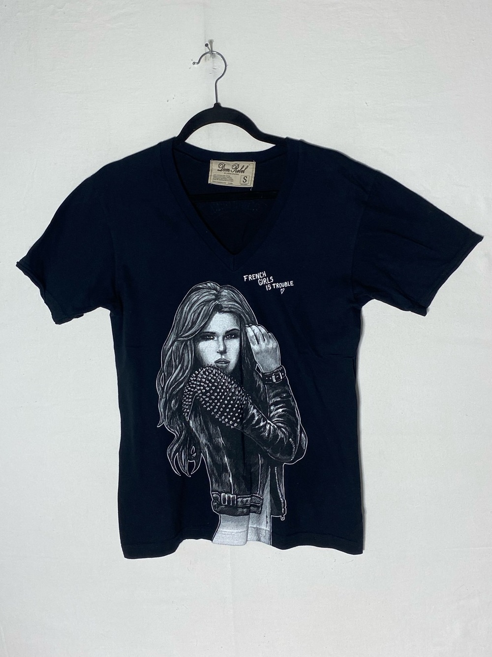 DOMREBEL Black Cotton French Girls Graphic V Neck T Shirt S Designer Streetwear